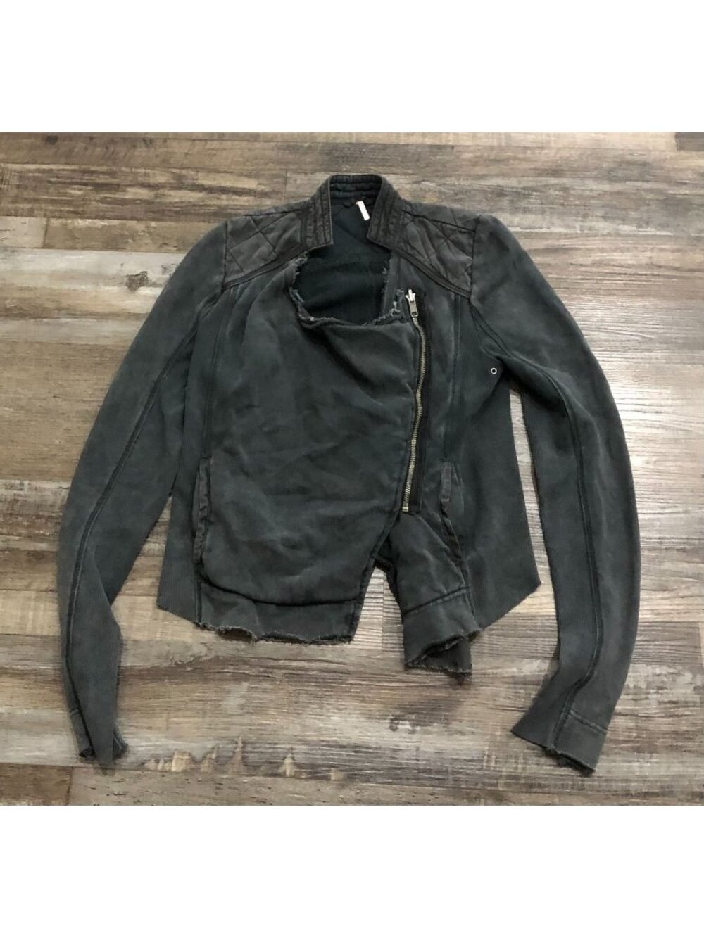 Free People Cotton Shrunken Moto Jacket Womens Distressed Zip Up Gray Small